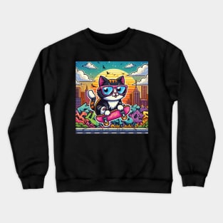 Cat Wearing Sunglasses Riding A Skateboard Crewneck Sweatshirt